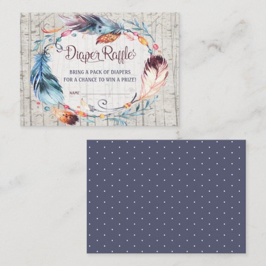 Boho Diaper Raffle Rustic Bohemian Feathers Informatiekaartje (Voorkant / Achterkant)