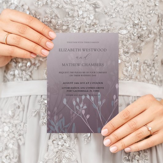 Boho Diep Paarse Pers Geperste Bloemen Bruiloft  Kaart