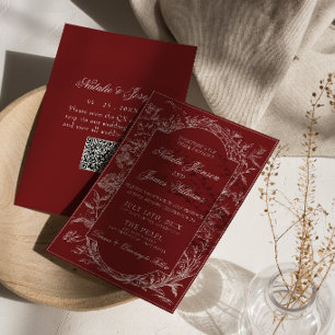 Boho Dieprode Bloem QR Code Botanische Bruiloft Kaart