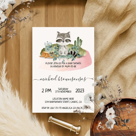 Boho dier wasbeer tropische babyshower kaart
