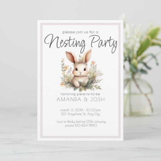 Boho dieren cute konijn botanische Nesting Party Kaart (Staand voorkant)