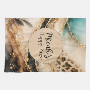 Boho Dierenprint, Goud Agaat Beige Blauw Zwart Theedoek