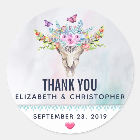 Boho Dierenschedel met Vlinders Bruiloft Bedankt Ronde Sticker (Voorkant)