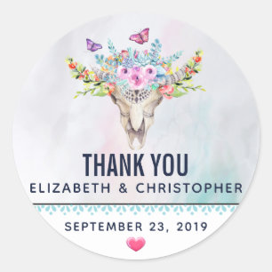 Boho Dierenschedel met Vlinders Bruiloft Bedankt Ronde Sticker