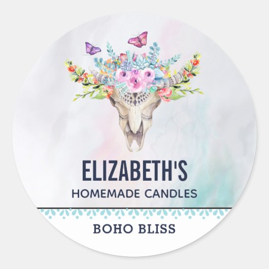 Boho Dierenschedel met Vlinders Kaars / Zeep Ronde Sticker (Voorkant)