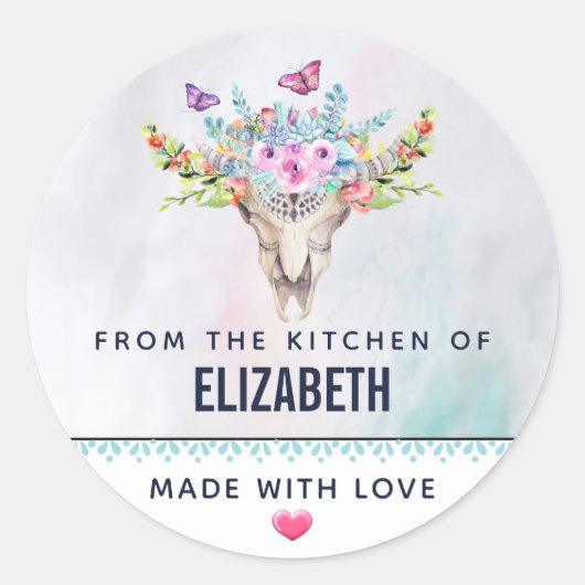 Boho Dierenschedel met Vlinders Keuken Ronde Sticker (Voorkant)
