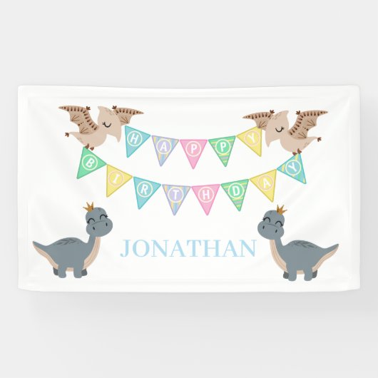 Boho Dino Verjaardag Blauw Spandoek (Horizontaal)
