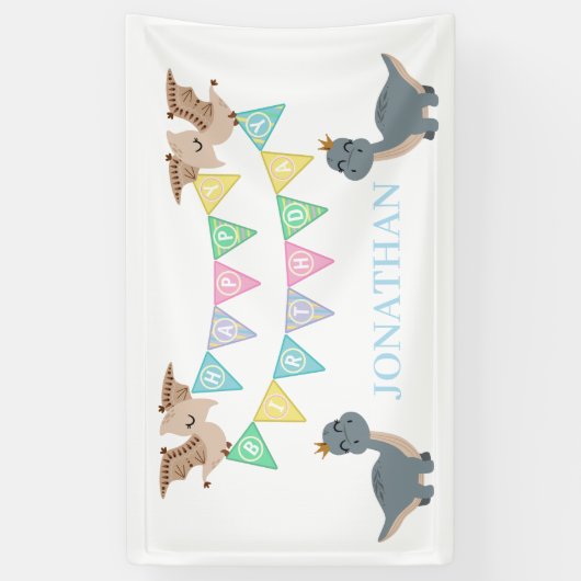 Boho Dino Verjaardag Blauw Spandoek (Verticaal)