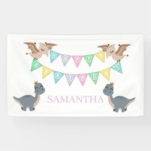 Boho Dino Verjaardag Roze Spandoek (Horizontaal)