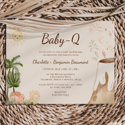 Boho Dinosaur Beige Baby-Q BBQ Baby shower Kaart