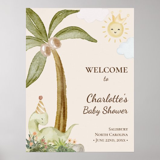 Boho Dinosaur Beige Baby shower Welkom Poster (Voorkant)