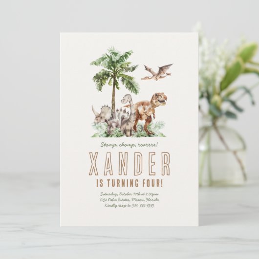 Boho Dinosaur Boy Verjaardagsfeestje Uitnodiging (Staand voorkant)