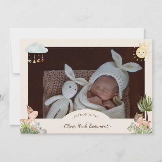 Boho dinosaurus beige twee foto geboorte aankondig aankondiging (Voorkant)