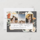 Boho Donker Bloemmotief | 3 Foto Huwelijk Save The Date (Voorkant)