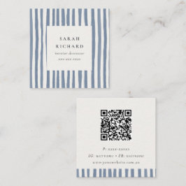 Boho donkerblauwe handgetekende strepen QR-code Vierkante Visitekaartje