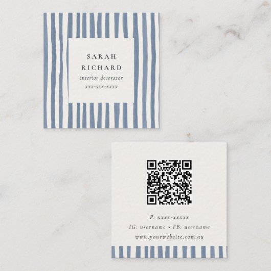 Boho donkerblauwe handgetekende strepen QR-code Vierkante Visitekaartje (Voorkant / Achterkant)