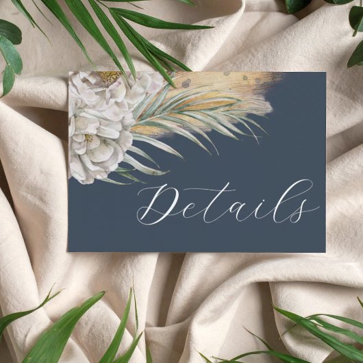 Boho Donkerblauwe Pampasgras Huwelijksdetails Informatiekaartje