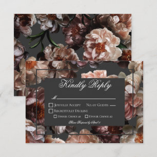 Boho donkere pioen bloemen moderne bruiloft RSVP kaartje