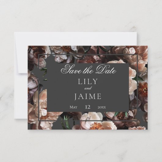 Boho donkere pioen bloemen moderne bruiloft save the date (Voorkant)