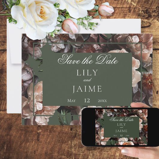 Boho donkere pioen bloemen moderne bruiloft save the date