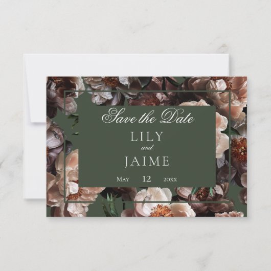 Boho donkere pioen bloemen moderne bruiloft save the date (Voorkant)