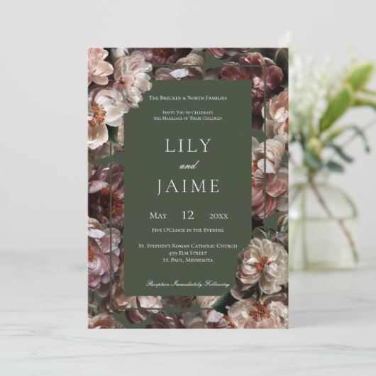 Boho donkere pioen bloemen moderne salie bruiloft kaart (Staand voorkant)