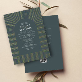 Boho donkergroene trouwboog & RSVP QR-code Folie Uitnodiging