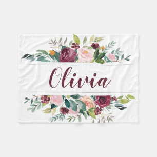 Boho donkerrode waterverf bloemen gepersonaliseerd fleece deken