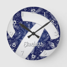 Boho Doodle Bloemen Marine Blauw Wit Volleybal Ronde Klok