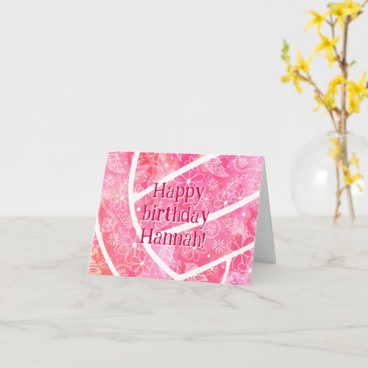 Boho Doodle Bloemen Roze Volleybal Verjaardag Kaart (Gele Bloem)