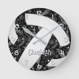 Boho Doodle Bloemen Zwart Wit Volleybal Ronde Klok