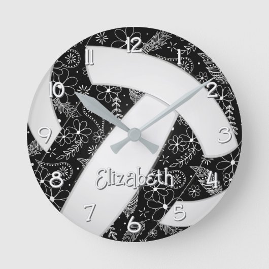 Boho Doodle Bloemen Zwart Wit Volleybal Ronde Klok (Voorkant)
