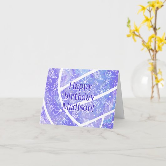 Boho Doodle Veren paarse volleybal Verjaardag Kaart (Gele Bloem)