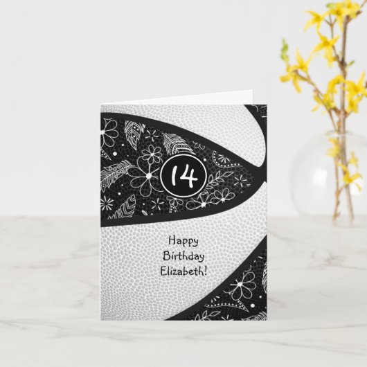 boho doodle zwarte witte girale basketbal kaart (Gele Bloem)