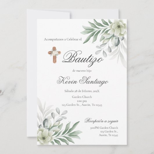 Boho Doop Español Invitación bloemen Kaart (Voorkant)