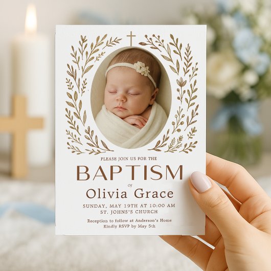 Boho Doop Uitnodiging met Bloemenkrans en Baby