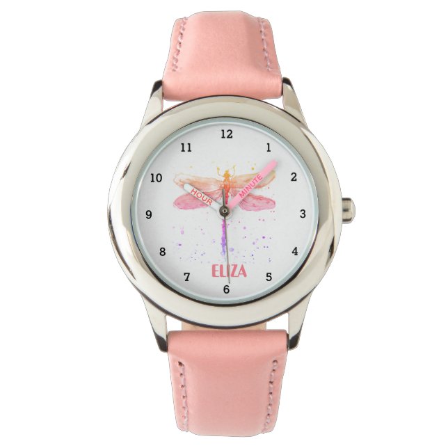 Boho Dragonfly Waterverf Cute Girls Pink Horloge (Voorkant)