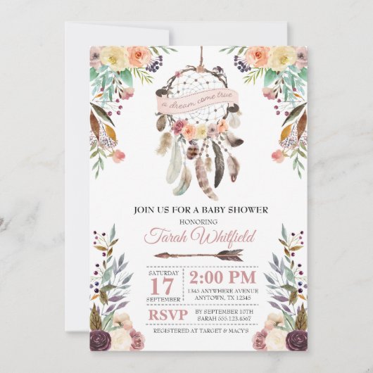 Boho Dream Catcher Dusky Baby shower Invitation Kaart (Voorkant)