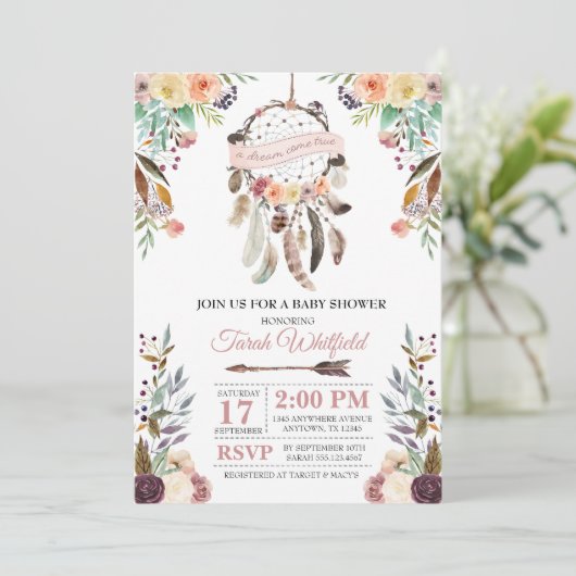 Boho Dream Catcher Dusky Baby shower Invitation Kaart (Staand voorkant)