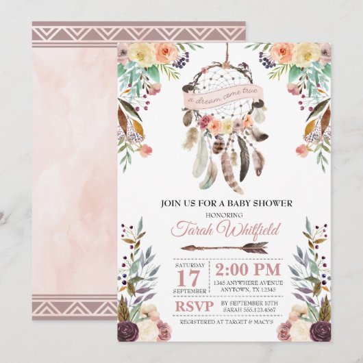 Boho Dream Catcher Dusky Baby shower Invitation Kaart (Voorkant / Achterkant)