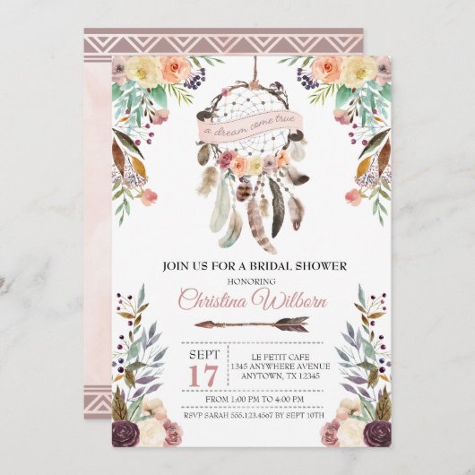 Boho Dream Catcher Dusky Bridal Shower Uitnodiging (Voorkant / Achterkant)