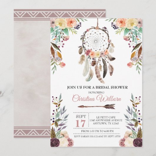 Boho Dream Catcher Dusky Bridal Shower Uitnodiging (Voorkant / Achterkant)