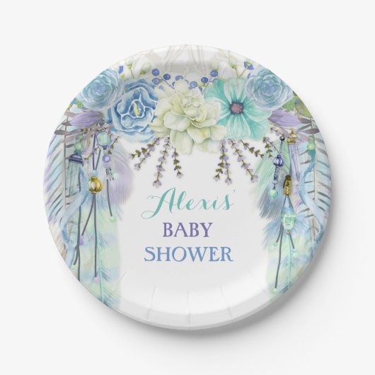 Boho Dream Catcher Feather Tribal Aqua Blue Papieren Bordje (Voorkant)
