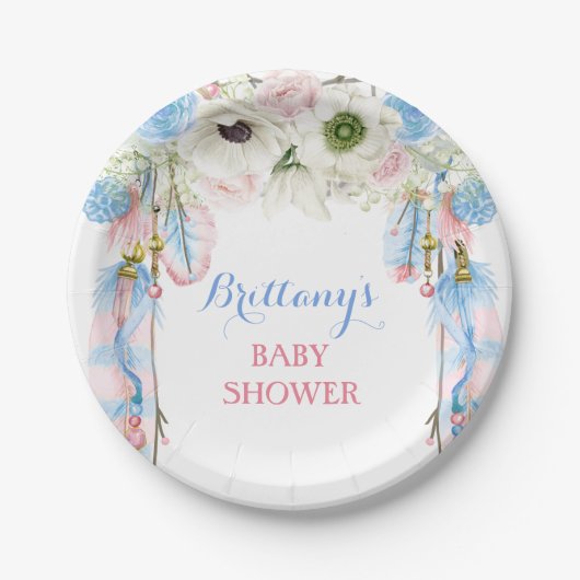 Boho Dream Catcher Feather Tribal Blauw Roze Papieren Bordje (Voorkant)