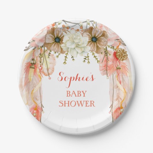 Boho Dream Catcher Feather Tribal Peach Coral Papieren Bordje (Voorkant)