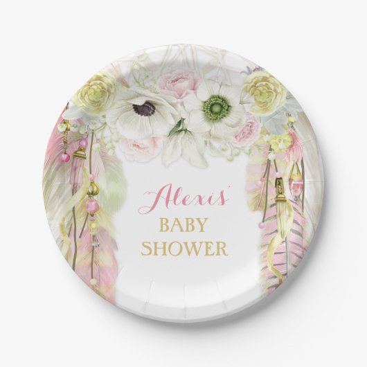 Boho Dream Catcher Feather Tribal Pink Yellow Papieren Bordje (Voorkant)