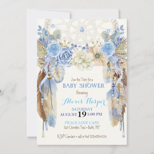 Boho Dream Catcher Feathers Blauw Ivoor Bruin Kaart (Voorkant)