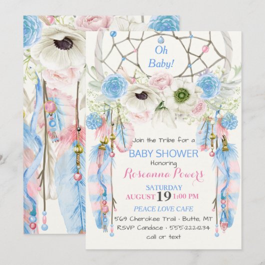 Boho Dream Catcher Feathers Blue & Pink Kaart (Voorkant / Achterkant)