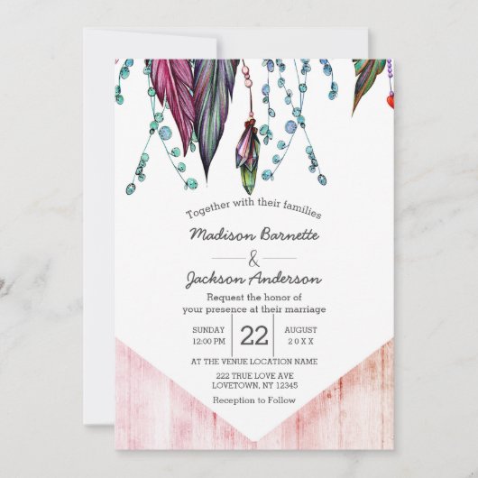 Boho Dream Catcher & Feathers bruiloft uitnodiging (Voorkant)