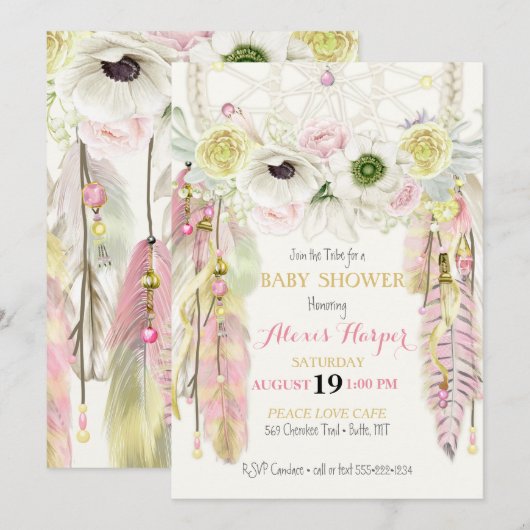 Boho Dream Catcher Feathers Crystals Pink Yellow Kaart (Voorkant / Achterkant)